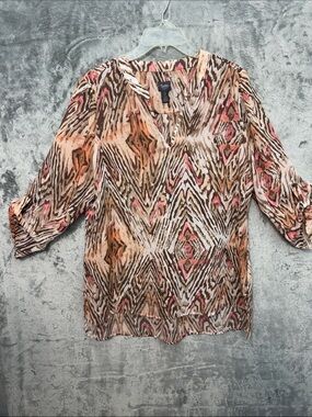 Traveler's Collection by Chico's Pink and Brown Geometric V-Neck Tunic lightweig
